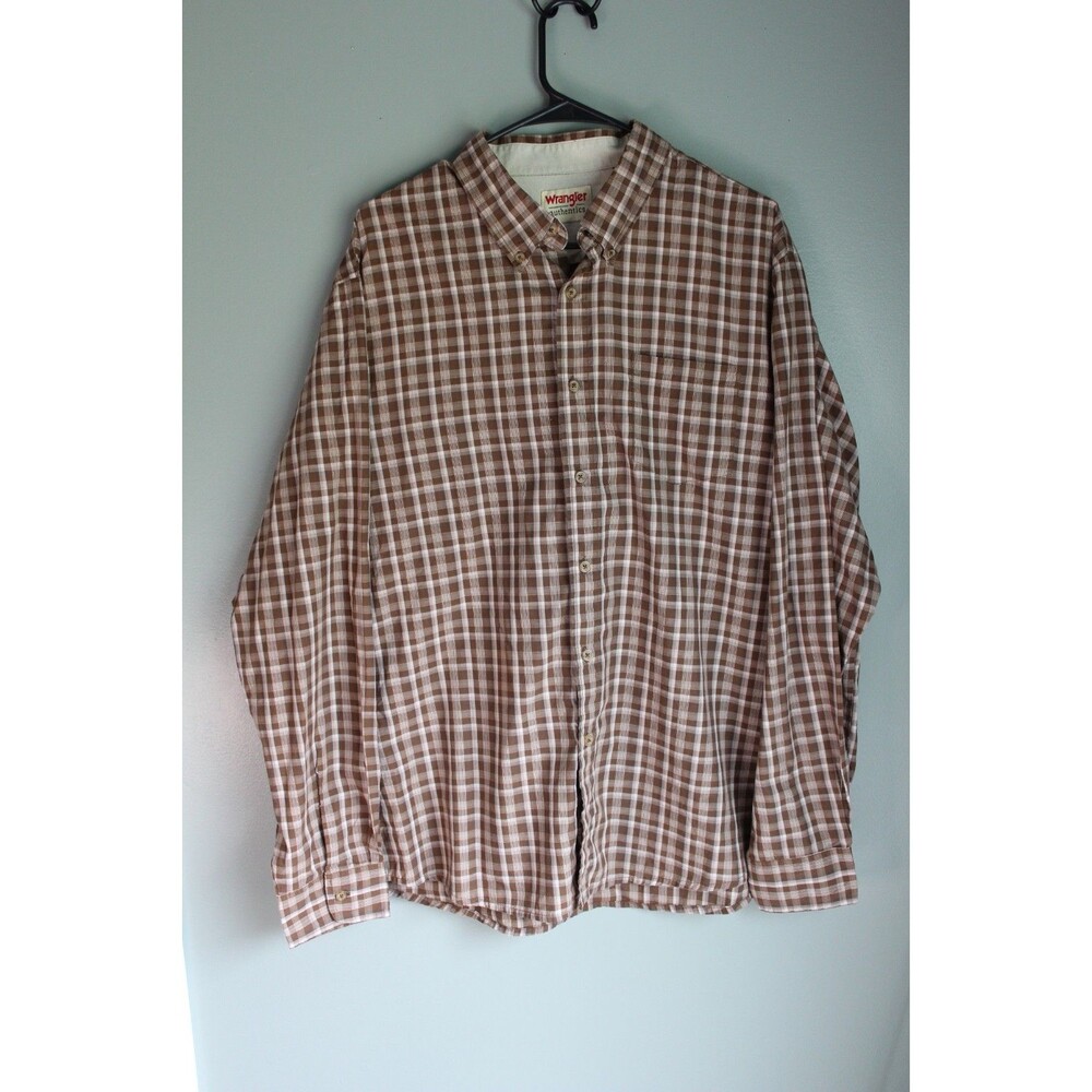 Wrangler Men's Long-sleeve Button-down Shirt Brown White Plaid XL